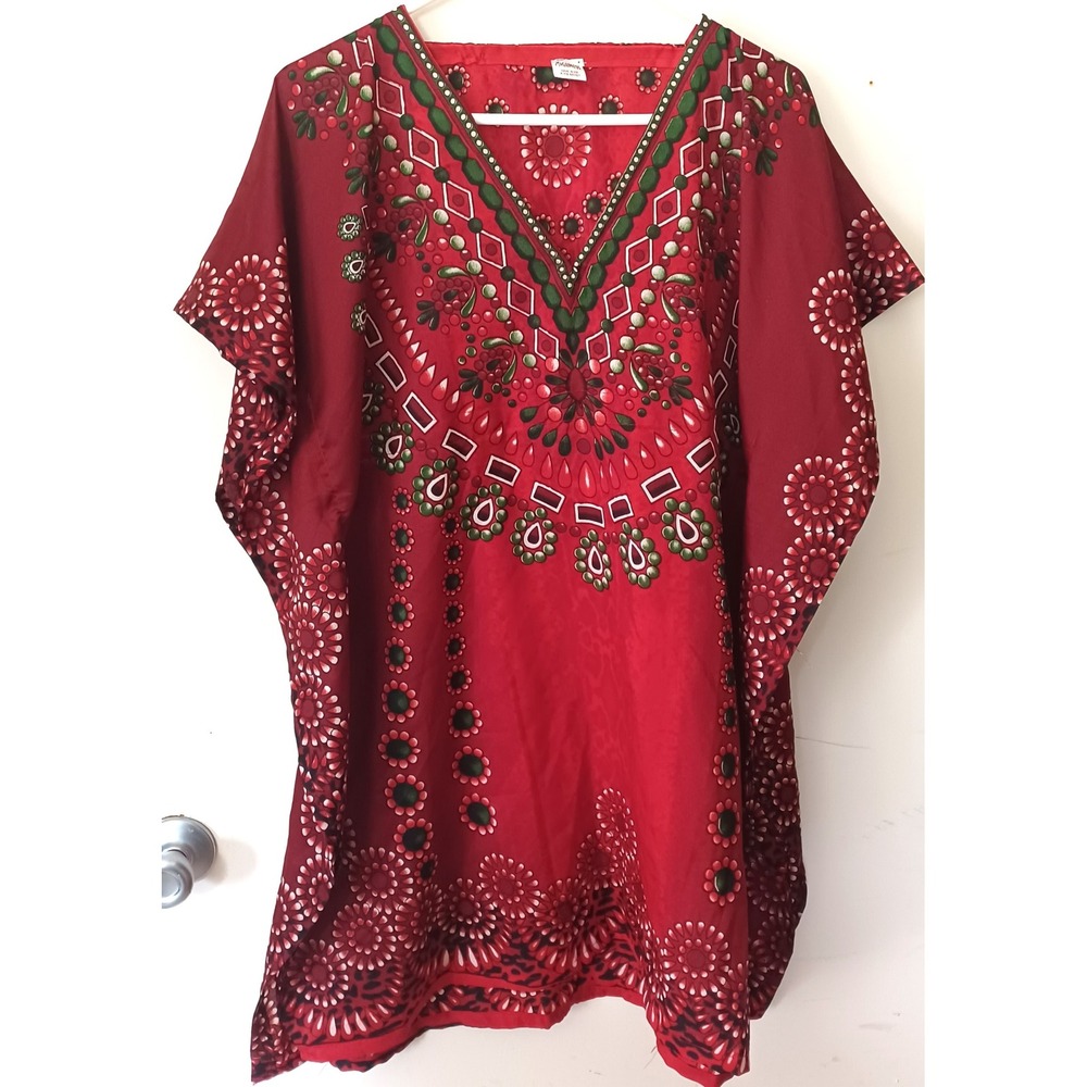 Highness Kaftan Tunic Cover Up Women OS Red Dashiki Print V-Neck Boho Beach